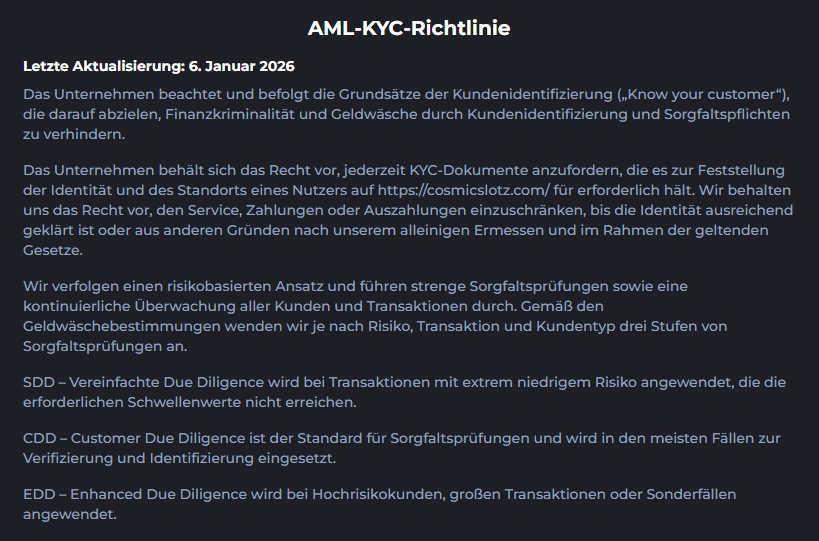 KYC-Verifizierung im CosmicSlotz Casino