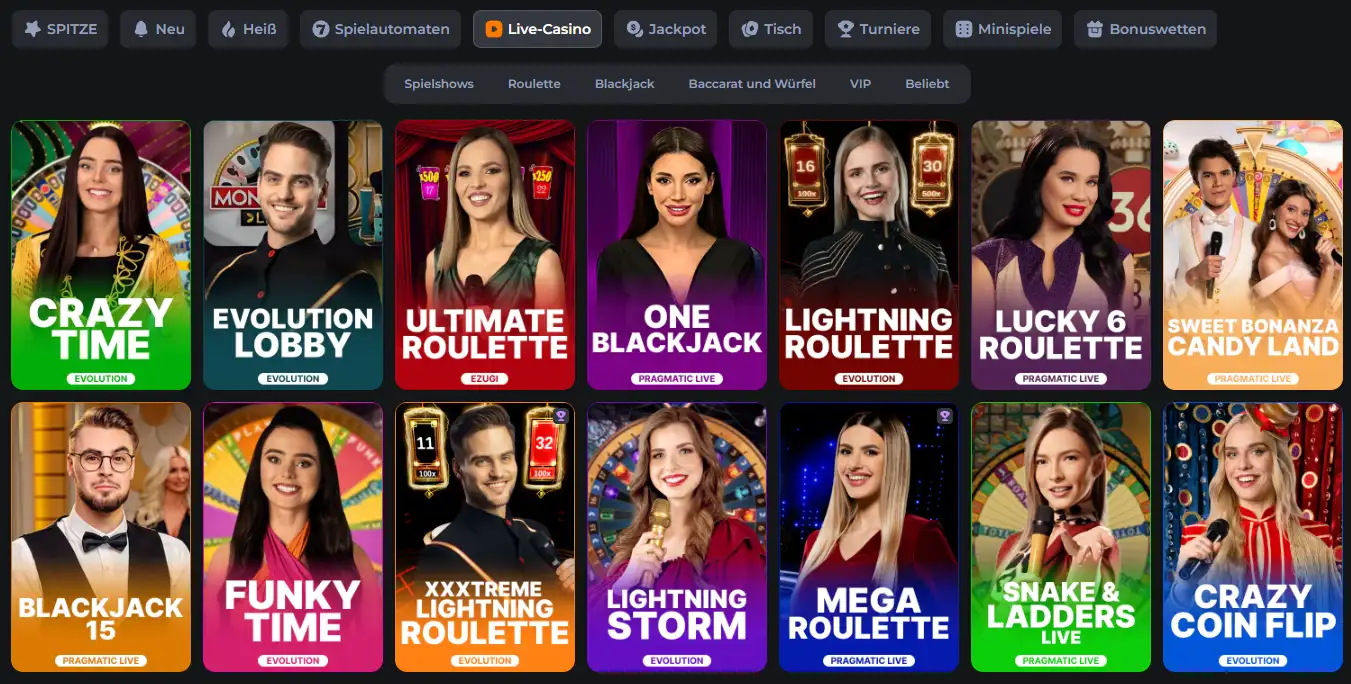 Live-Casino mit Roulette-, Blackjack- und Game-Show-Tischen im CosmicSlotz Casino